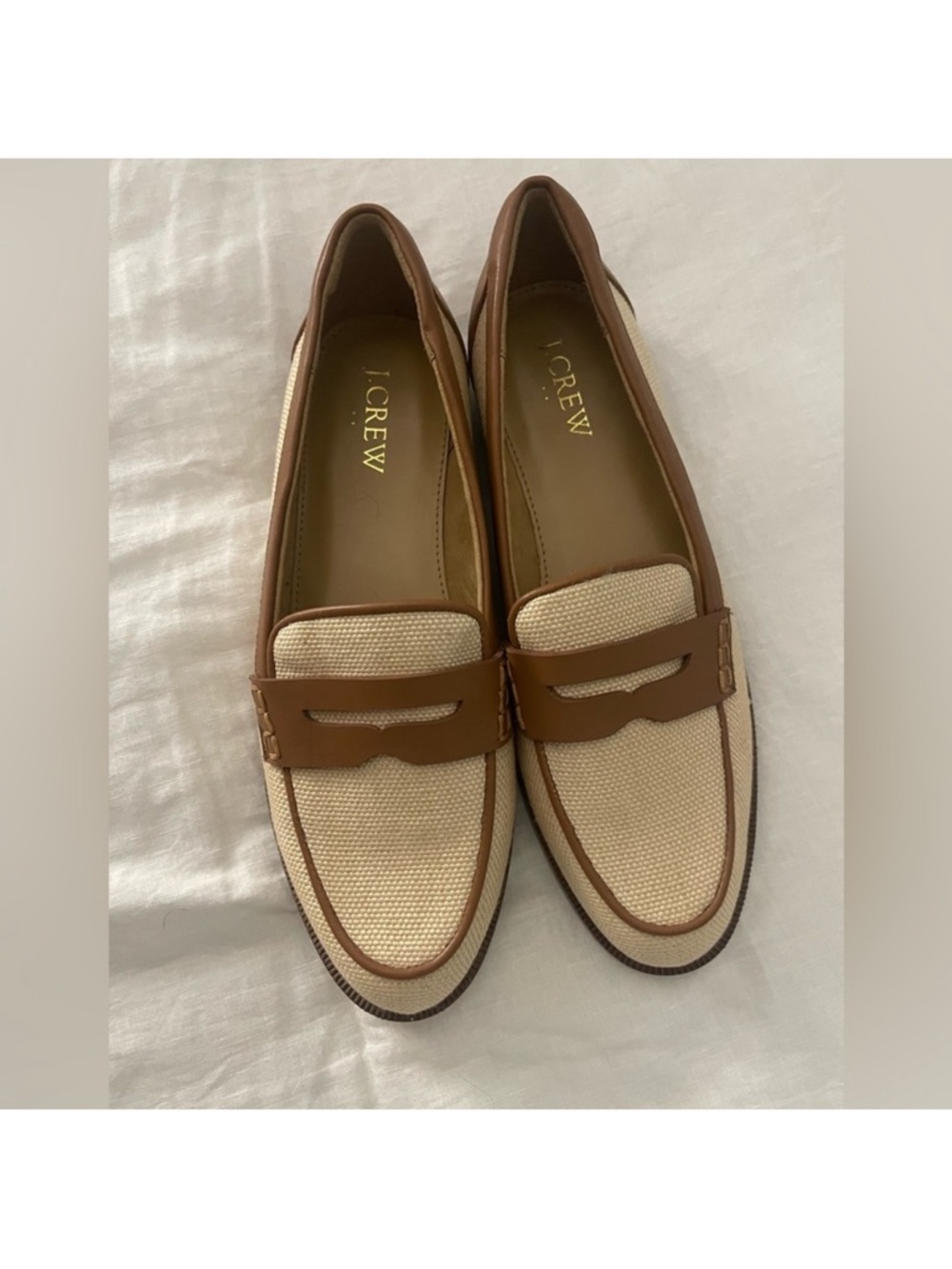 J. Crew Beige Canvas and Brown Leather Penny Loafers